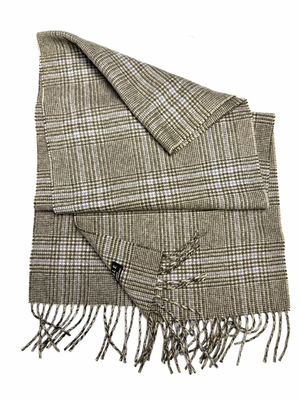 Amicale Cashmere Scarf Glen Plaid Taupe Beige Blue Fringe 12x64  Men's Women's